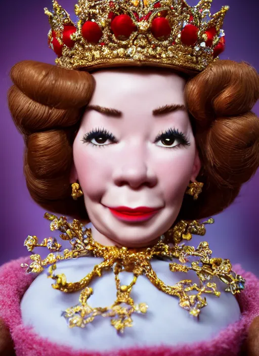 Image similar to closeup face profile portrait of tin toy shirley maclaine as a fairytale princess wearing a crown eating cakes, bikini, depth of field, zeiss lens, detailed, symmetrical, centered, fashion photoshoot, by nicoletta ceccoli, mark ryden, lostfish, breathtaking, 8 k resolution, extremely detailed, beautiful, establishing shot, artistic, hyperrealistic, octane render