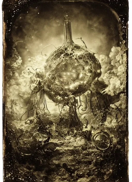 Image similar to old wetplate daguerreotype portrait of creation of time, explosion of data fragments, fractal, intricate, elegant, highly detailed, parallax, leica, medium format, subsurface scattering, by jheronimus bosch and greg rutkowski and louis jacques mande daguerre