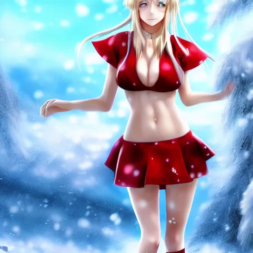 Image similar to full body shot : a very beautiful young blond anime girl on a snowstorm, santa hat, sky blue eyes,, bikini, miniskirt, highly detailed, cinematic wallpaper by stanley artgerm lau