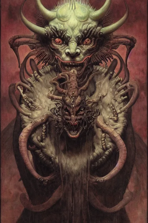 Image similar to a portrait of goetoc demon bune by wayne barlowe, gustav moreau, goward,  Gaston Bussiere and roberto ferri, santiago caruso, and austin osman spare, ((((occult art))))