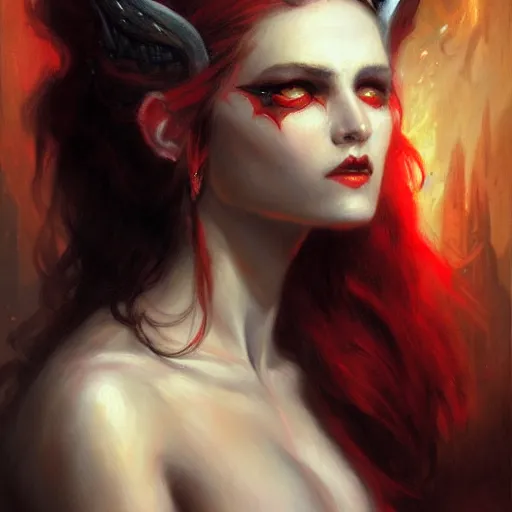 Image similar to attractive demon queen with red eyes painting by gaston bussiere, luis rollo, portrait, digital painting, highly detailed, artstation, sharp focus, illustration, concept art