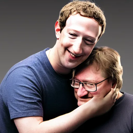 Image similar to Mark Zuckerberg hugging Gabe Newell, photography, realistic