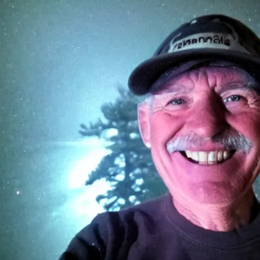 Image similar to night time trail cam footage of a smiling old man