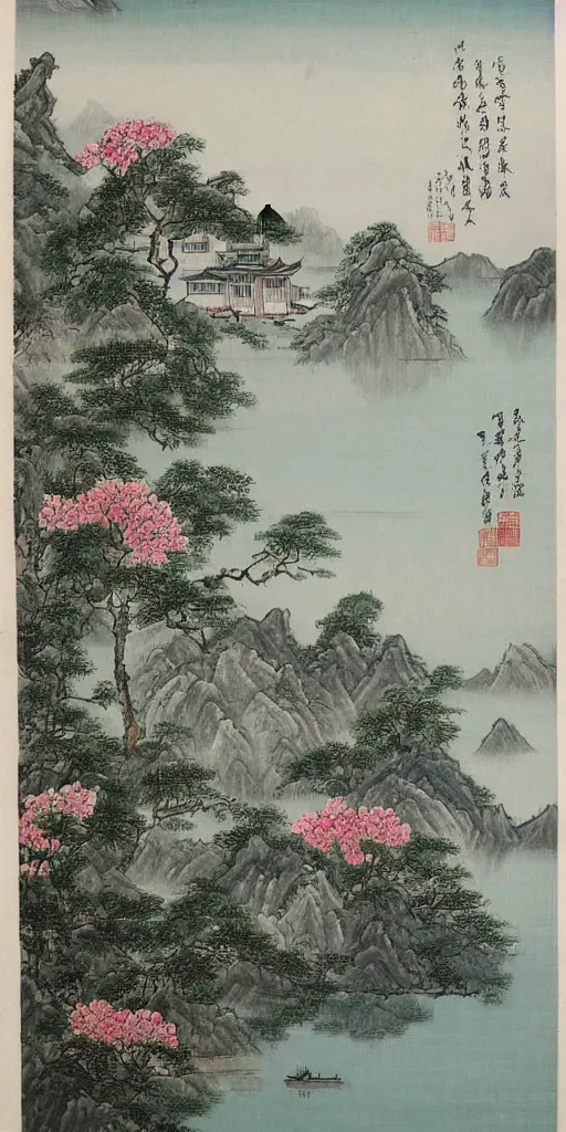Image similar to summer manor with peony flowers and lake, chinese landscape painting