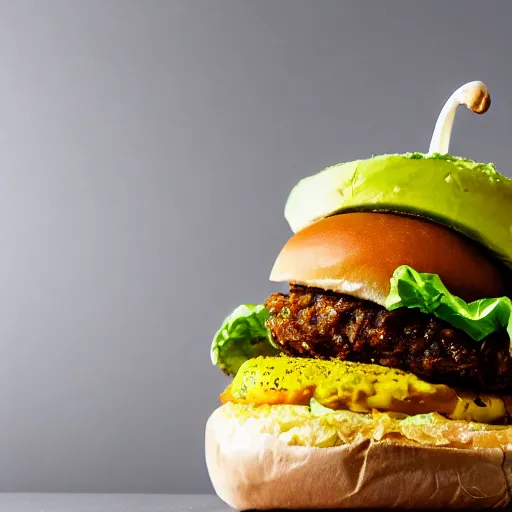 Prompt: juicy vegan hamburger topped with avocado and onion and a vegan fried egg, crispy buns, 8 k resolution, professional food photography, studio lighting, sharp focus, hyper - detailed