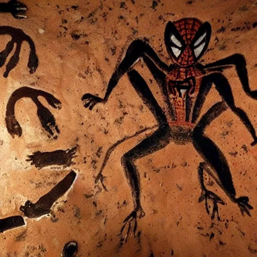 Prompt: a cave painting of spiderman, drum pads, maschine. lascaux cave paintings, chauvet