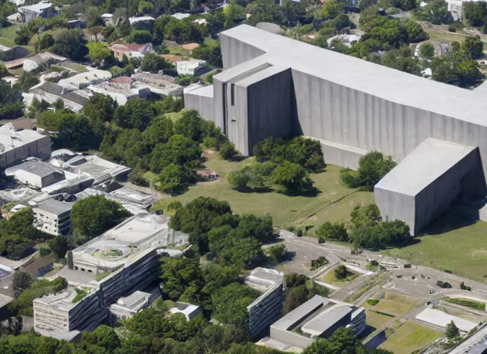 Image similar to a brutalist church, air view, futuristic