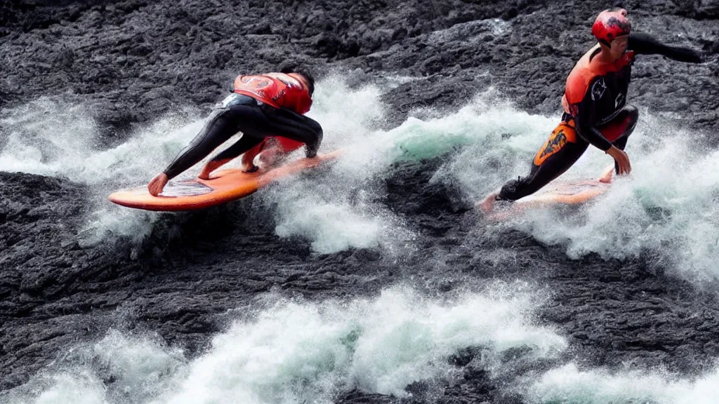 Image similar to person wearing a sponsored team jersey with logos surfing down a river of lava on the side of a volcano on surfboard, action shot, dystopian, thick black smoke and fire, sharp focus