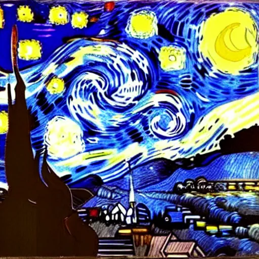 Prompt: david bowie in the style of starry night by van gogh, detailed, masterpiece