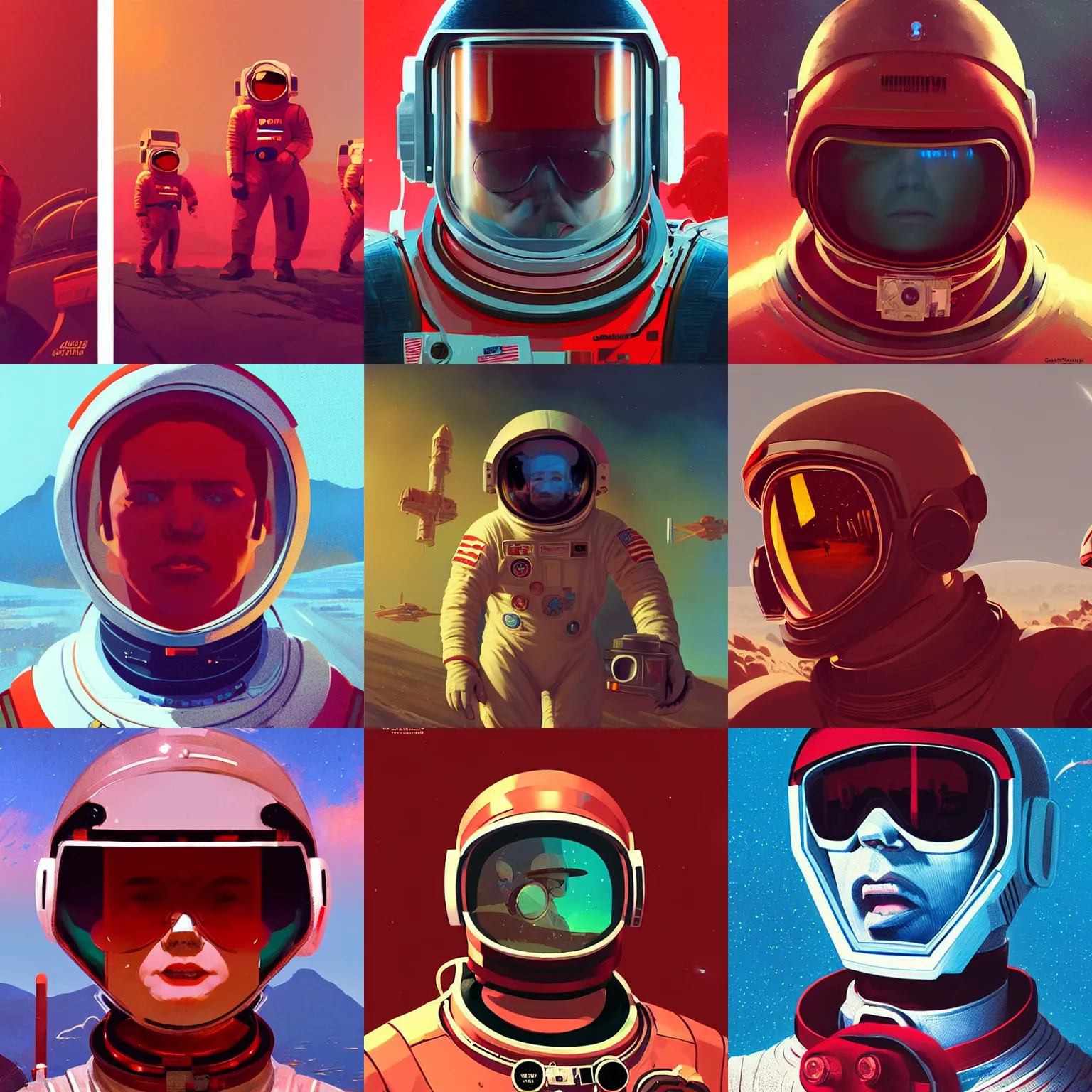 Prompt: cool retro space explorer portraits. sunglasses red astronaut suit. unreal engine, artstation. craig mullins, ilya kuvshinov, greg rutkowski, artgem, dan mumford, josan gonzalez, victo ngai