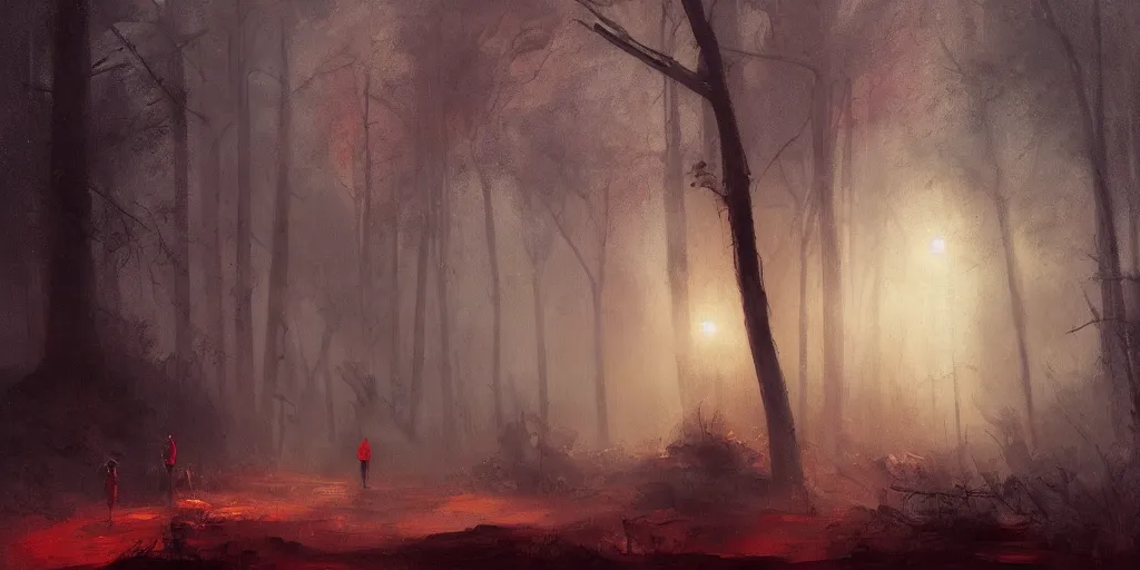 Image similar to an old house with red light on from the windows during the night in a forest, a men stand up in front of the house, mystical fog, oil on canvas, details, a desert road next to the house, illustration, art by andreas achenbach and alena aenami