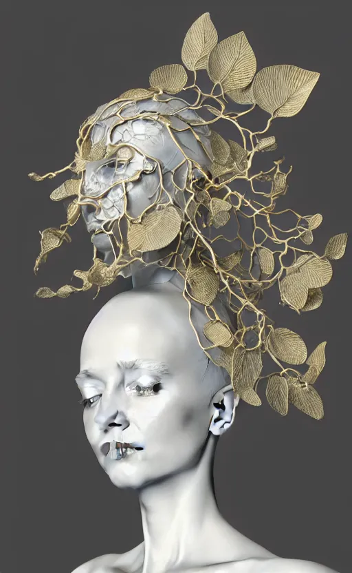 Image similar to complex 3d render of a beautiful porcelain profile woman face, vegetal dragon cyborg, 150 mm, beautiful natural soft light, rim light, silver gold details, magnolia leaves and stems, roots, fine lace, maze like, mandelbot fractal, anatomical, facial muscles, cable wires, microchip, elegant, highly detailed, white metallic armour, octane render, black and white, H.R. Giger style