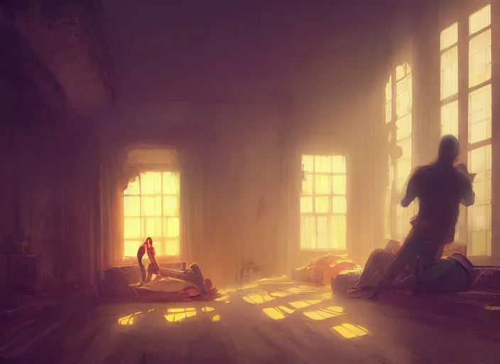 Prompt: the rich golden house and silhouette man lying on the floor alone around volumetric lighting, digital painting, highly detailed, artstation, sharp focus, illustration, concept art, ruan jia, steve mccurry, amazing composition