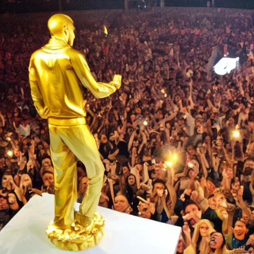 Image similar to Drake worshipping a golden statue of himself, low angle