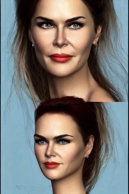 Prompt: mix of beautiful young maria shriver, mariel hemmingway, brooke shields, nicole kidman and elle macpherson as a mermaid, thin lips, hair tied up in a pony tail, brunette hair, colorful, artstation, cgsociety