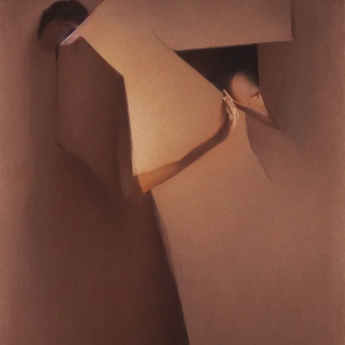 Image similar to woman kissing through paper bag, exposed back, artstation, art by, , edward hopper, Zdzislaw Beksinski, highly detailed