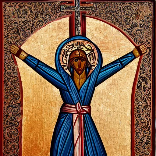 Image similar to crucified goat, orthodox icon style, occult symbols, byzantine art