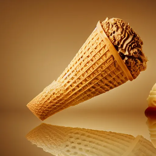 Prompt: an ice cream cone made out of high clarity amber ice, elegant and ornate,