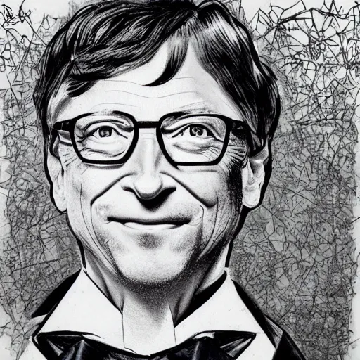 Image similar to Bill gates wearing victorian gown, drawn in the style of yoji shinkawa, extremely detailed, detailed and realistic face, fractal frame