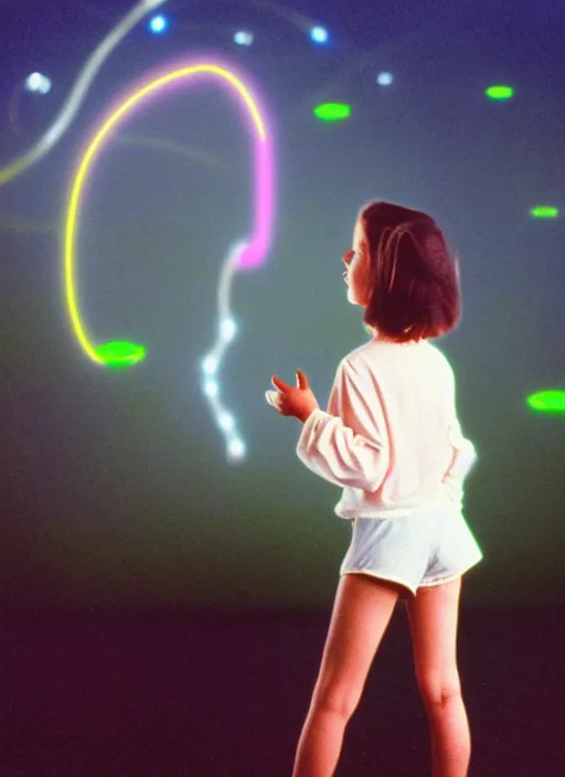 Image similar to realistic photo portrait of a a girl dressed in white shorts, watching at glowing disks flying in a grey sky, covered with tesla electricity, 1 9 9 0, life magazine photo, natural colors, museum collection, kodak