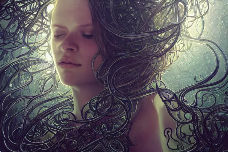 Prompt: a transparent, glass woman is being grabbed by wet alien tentacles as she floats above a cornfield, fog, volumetric lighting, intricate, elegant, highly detailed, digital painting, artstation, concept art, smooth, sharp focus, art nouveau, art by artgerm and raymond swanland and alphonse mucha