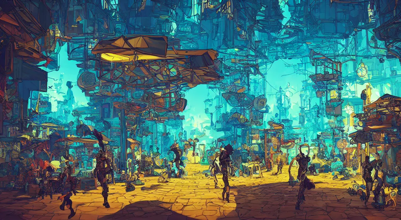 Image similar to bazaar zouk oriantal full color sky shine place mosquet painting stylized digital illustration video game icon global illumination ray tracing that looks like it is from borderlands and by feng zhu and loish and laurie greasley, victo ngai, andreas rocha, john harris