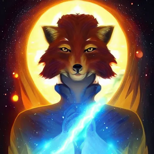 Image similar to a stylized portrait for an avatar of an awesome cosmic powerful anthropomorphic foxfolk mage themed around death and the stars and the cosmos, in the style of dnd beyond avatar portraits, beautiful, artistic, elegant, lens flare, magical, lens flare, nature, realism, stylized, art by jeff easley