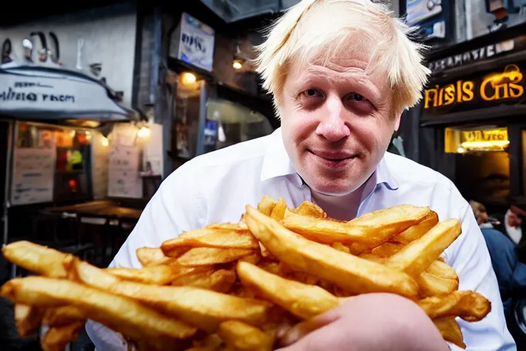 Prompt: closeup portrait of boris johnson selling fish and chips in a dimly lit alley, natural light, sharp, detailed face, magazine, press, photo, steve mccurry, david lazar, canon, nikon, focus