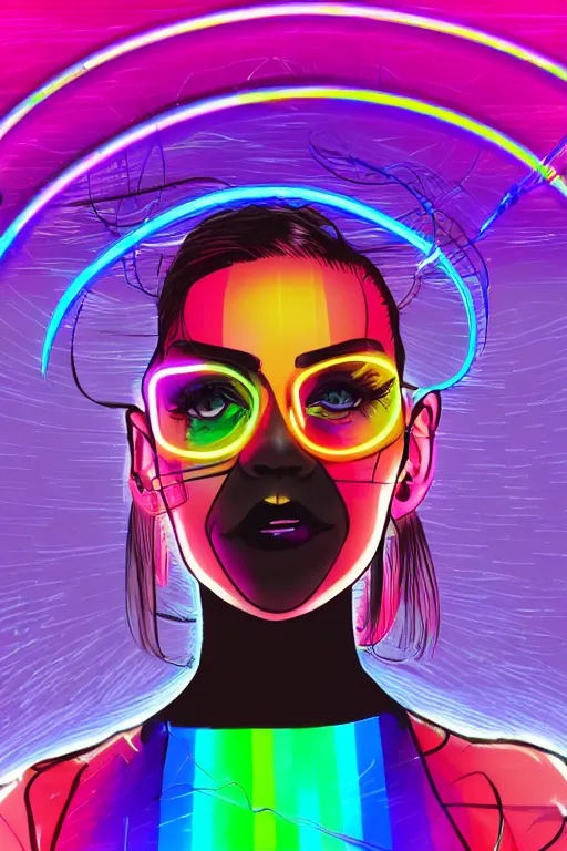Prompt: a award winning half body portrait of a beautiful woman with stunning eyes in a croptop and cargo pants with rainbow colored ombre hairstyle head in motion and hair flying by thomas danthony, outlined by whirling illuminated neon lines, microphone, outrun, vaporware, shaded flat illustration, digital art, trending on artstation, highly detailed, fine detail, intricate
