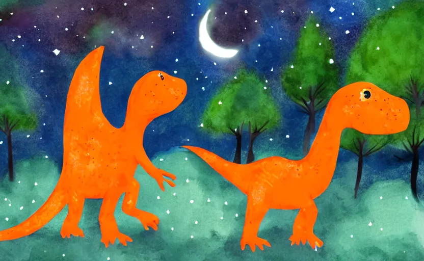 Image similar to a friendly orange dinosaur walking in the forest at night, moon, stars, water color, digital art