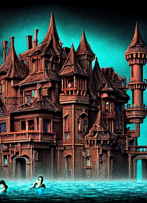 Prompt: detailed image of a creepy house castle, swimming pool filled of blood, swiming women, by richard corben, rich deep colors. masterpiece . intricate artwork, very coherent symmetrical artwork, cinematic, hyper realism, high detail, octane render, unreal engine, 8k, Vibrant colors, Smooth gradients, High contrast, depth of field. by Katsuhiro Otomo, full body character drawing, inspired by Evangeleon, clean ink detailed line drawing, intricate detail, extremely detailed.