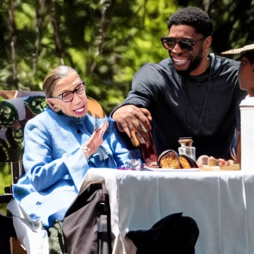 Image similar to Ruth Bader Ginsburg taking Chadwick Boseman on a picnic, candid hd digital photography