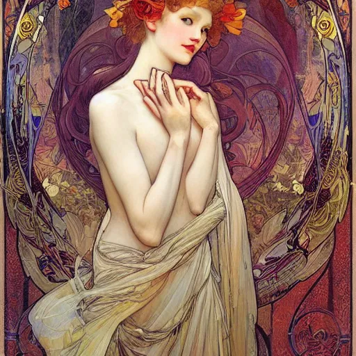 Prompt: romantic painted portrait of halo by james jean, mucha