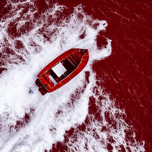 Prompt: a lonely boat floating in the turbulent red ocean, tsunami, fierce huge waves, dangerous depressing atmosphere, dark tone, disaster film, filmic, cinematic, aerial view