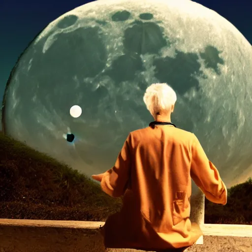 Prompt: back view of a sitting man wearing white robe playing piano in front of a giant moon rising from ocean