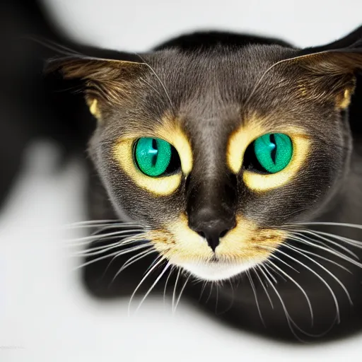 Prompt: national geographic photograph of a green eyed black cat sitting in a white room