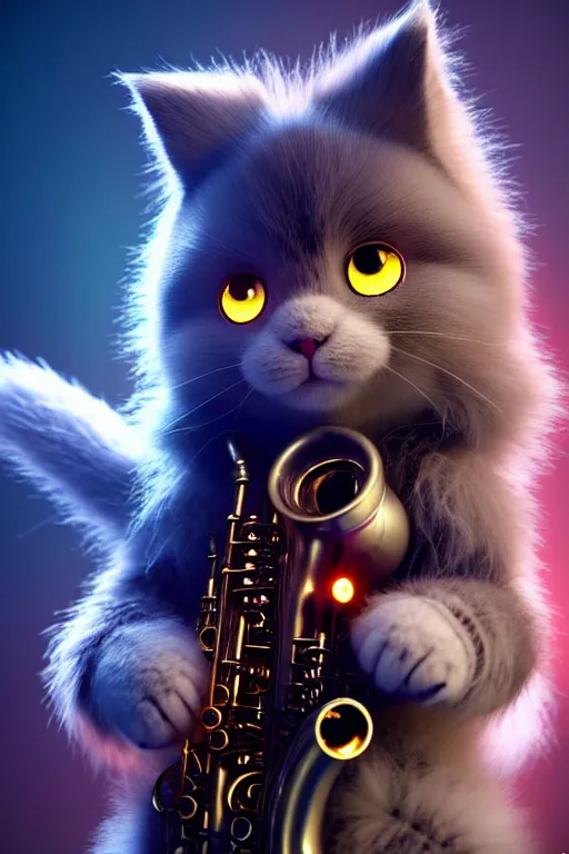 Prompt: high quality 3 d render very cute fluffy cyborg!! cat plays saxophone, cyberpunk highly detailed, unreal engine cinematic smooth, in the style of blade runner & detective pikachu, hannah yata charlie immer, moody light, low angle, uhd 8 k, sharp focus