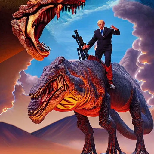 Image similar to benjamin netanyahu riding a t - rex with a shotgun, epic volcano background by victor adame minguez by yuumei by tom lovell by sandro botticelli