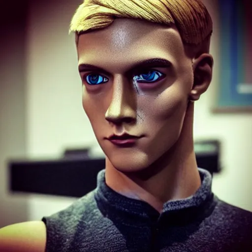 Image similar to “a realistic detailed photo of a guy who is an attractive humanoid who is half robot and half humanoid, who is a male android, twitch streamer and youtuber Ludwig Ahgren, shiny skin, posing like a statue, blank stare”