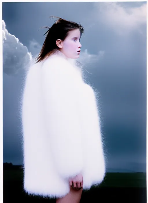 Image similar to realistic photo portrait of the common female student wearing white shorts, dressed in white long fur coat, face is hidden, there is a cloud in the middle 1 9 9 0, life magazine photo