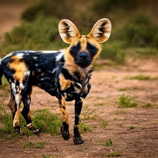 Prompt: A photo of the world's greatest showman: the african wild dog dressed in a hat!