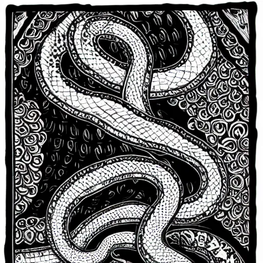 Image similar to detailed, black and white, a snake surrounded by lotus flowers and geometry