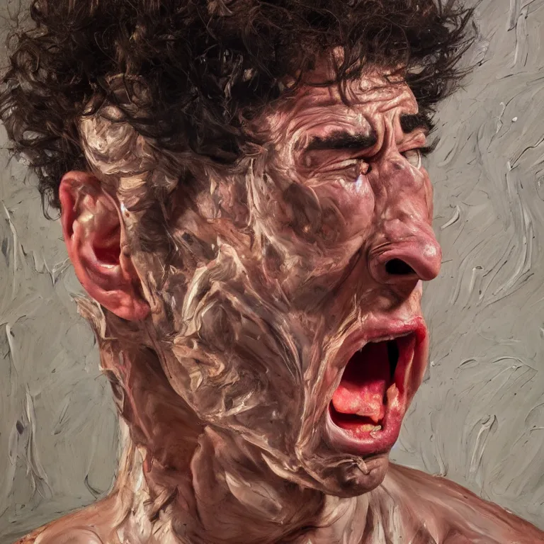 Image similar to warmly lit close up studio portrait of young angry!! screaming! teenage Cosmo Kramer furious!, impasto oil painting thick brushstrokes by Lucian Freud and Cy Twombly and Tim Hawkinson , trending on artstation dramatic lighting Expressionism