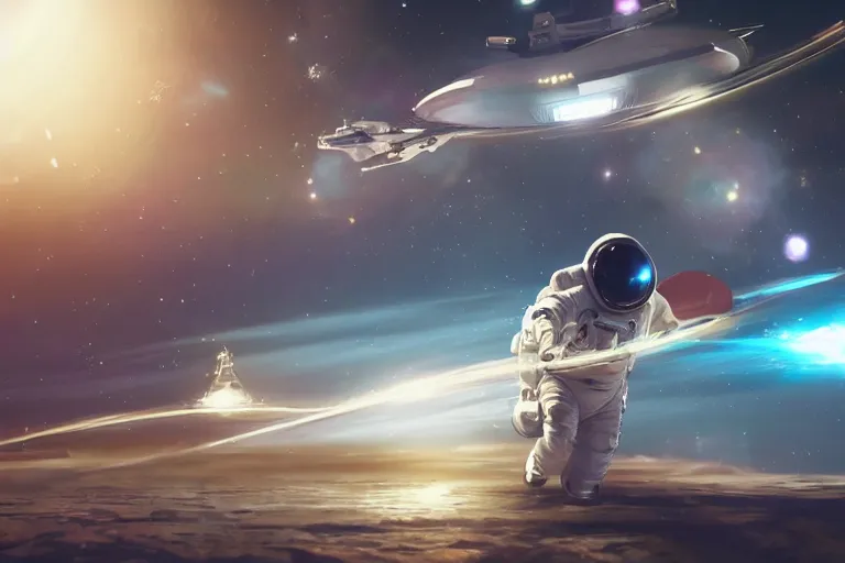 Image similar to astronaut chasing a spaceship Anime, wide angle, fine details, cinematic. galaxy starscape. realistic shaded lighting by Ilya Kuvshinov Giuseppe Dangelico Pino and Michael Garmash and Rob Rey greg rutkowski, octane render, IAMAG premiere, aaaa achievement collection, elegant freckles, cinematic hologram, fabulous, daily deviation, annual award winner