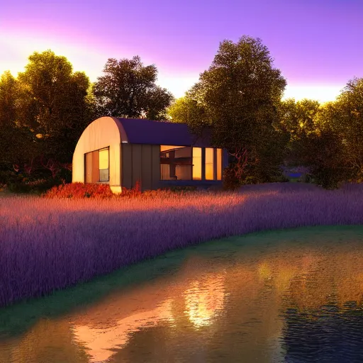 Image similar to a relaxing landscape with a singular house near a river at sunset in Pixar style