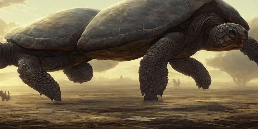 Prompt: a giant turtle with a city built in to it's shell, wandering the empty plains at dawn, ethereal fantasy art by greg rutkowski