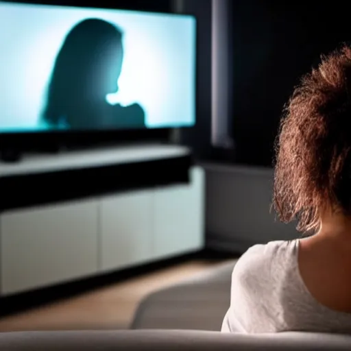 Image similar to Over the shoulder shot of a woman watching tv at night. The T.V. is illuminating a disturbing grey figure.