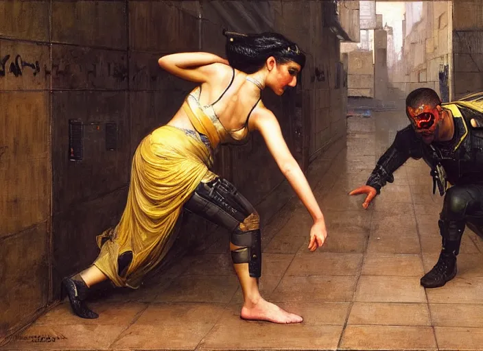 Image similar to Maria evades sgt griggs. Cyberpunk hacker escaping Cyberpunk policeman. (police state, Cyberpunk 2077, blade runner 2049). Cyberpunk Iranian orientalist portrait by john william waterhouse and Edwin Longsden Long and Theodore Ralli and Nasreddine Dinet, oil on canvas. Cinematic, Dramatic lighting.