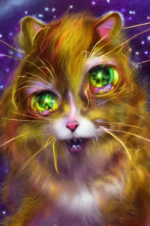 Prompt: Recursive image with a well rounded Calico feline, large eyes, shiny soft fur, anatomically correct, surrounded by swirling wisps of jelly, oil pastels and gold, anime, cartoon, modeled in Poser, Redshift render, UHD