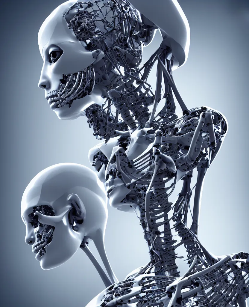 Prompt: close-up macro portrait of the face of a artificial intelligence robot girl, epic angle and pose, ribcage skeleton symmetrical artwork, 3d with depth of field, blurred background, cybernetic machine female face, translucent, nautilus, energy flows of electric current, a highly detailed epic cinematic concept art CG render. made in Maya, Blender and Photoshop, octane render, excellent composition, cinematic dystopian brutalist atmosphere, dynamic dramatic cinematic lighting, aesthetic, very inspirational, arthouse, Greg Rutkowski, Ilya Kuvshinov, WLOP, Stanley Artgerm Lau, Ruan Jia and Fenghua Zhong